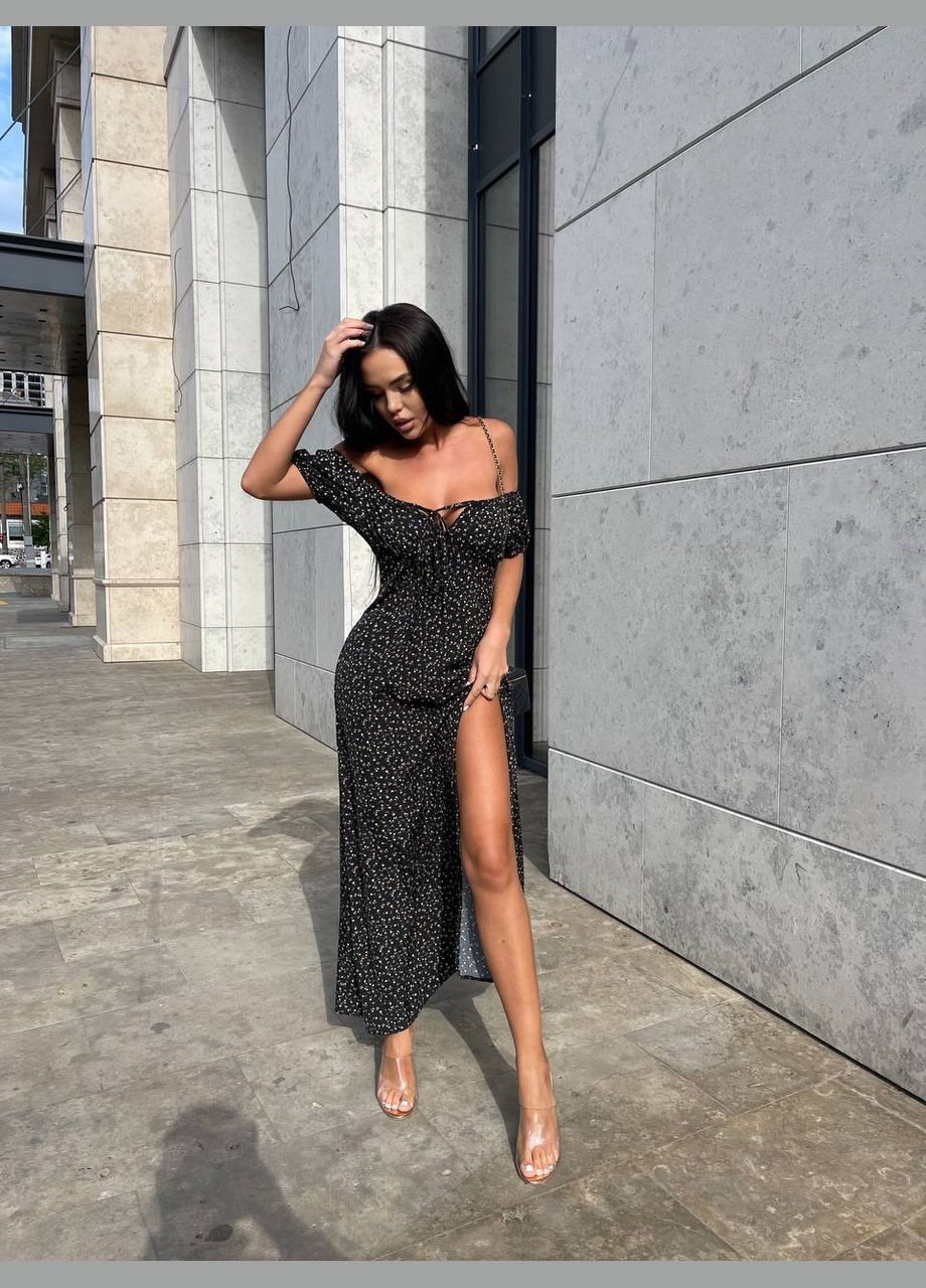 Черное повседневный женское платье No Brand с цветочным принтом