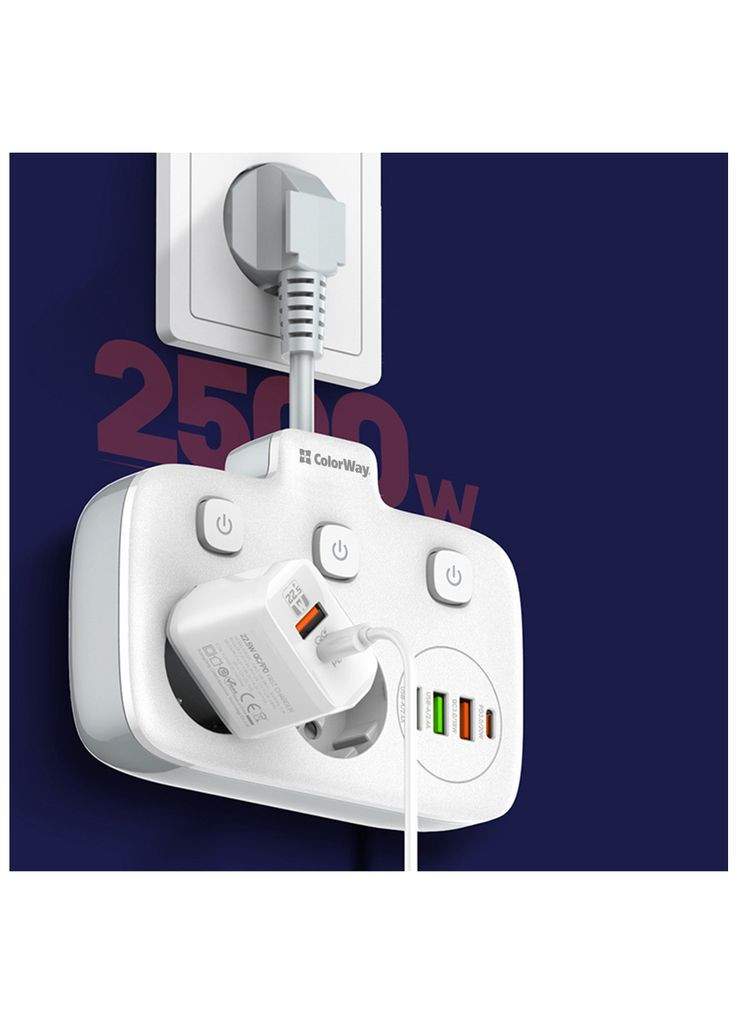 Мережевий фільтр живлення CW-CHE24PDW 2 розетки/4USB (CW-CHE24PDW) Colorway (306618273)
