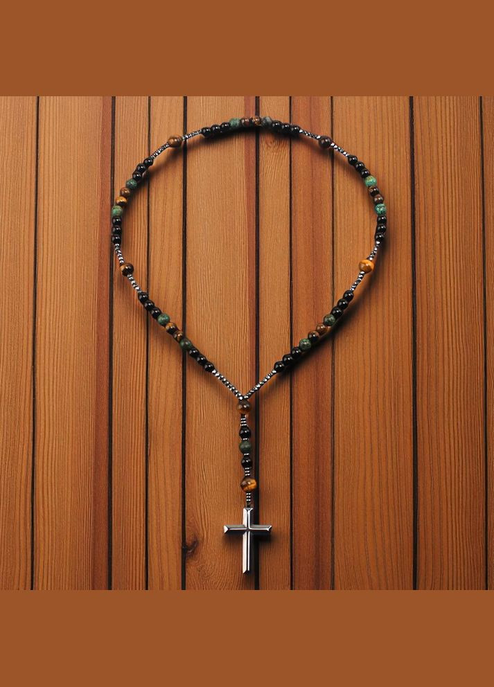 Чотки-підвіска з натурального каміння з хрестиком, 60 см — обсидіан, тигрове око, лазурит No Brand (338379219)