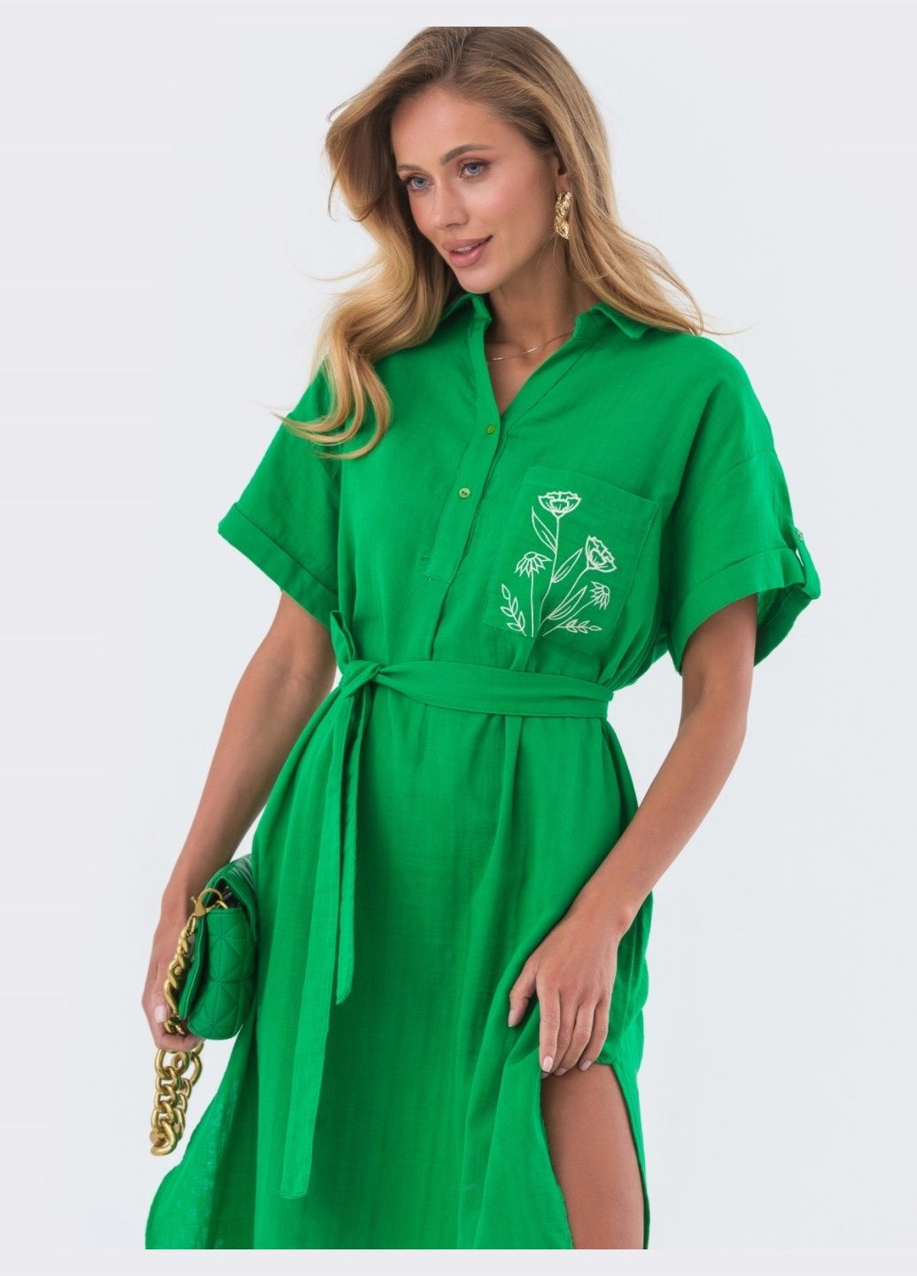 Зеленое зелёное платье-рубашка с поясом Dressa