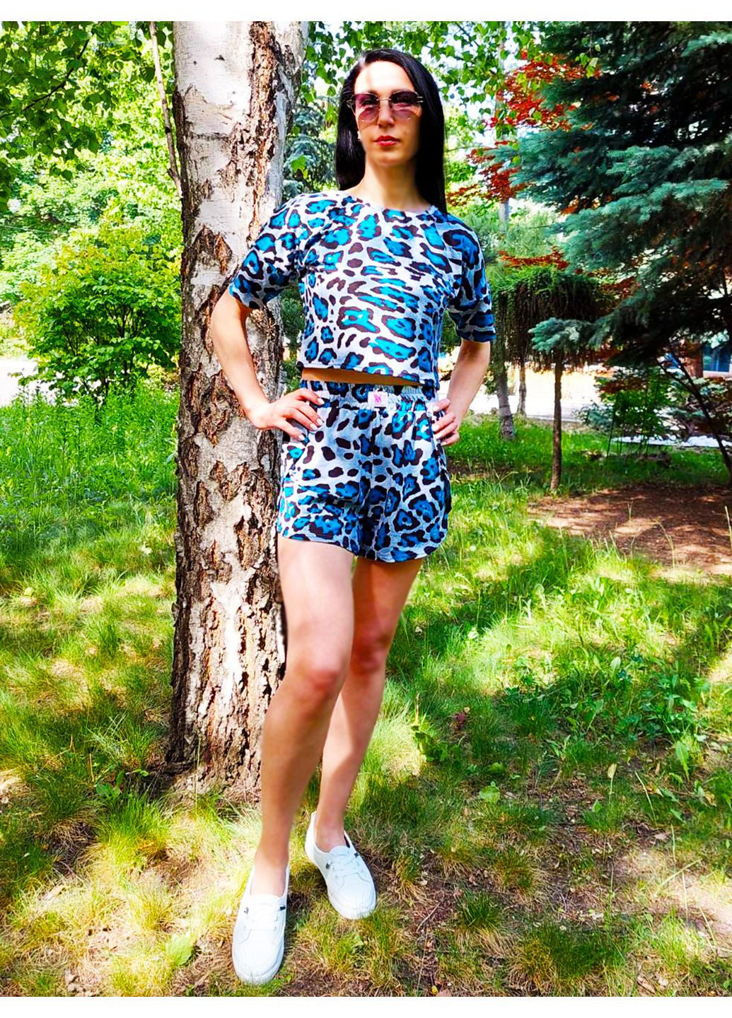 Летний леопардовый женский костюм топ шорты с размерами No Brand (356515731)