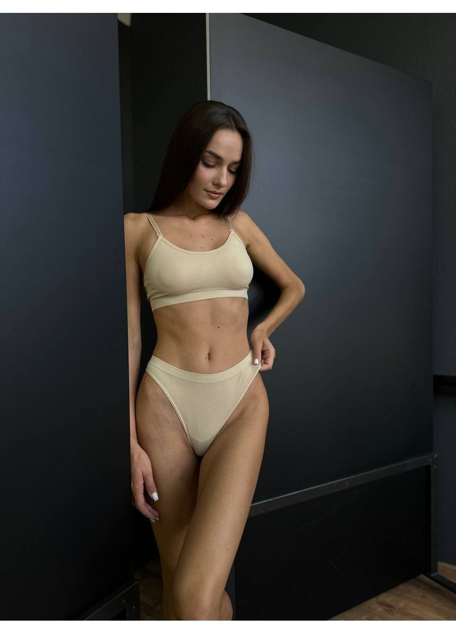 Бежевый демисезонный комплект женского белья топ и трусики с регулируемыми бретелями, спортивный комплект белья для женщин No Brand Білизна жіноча