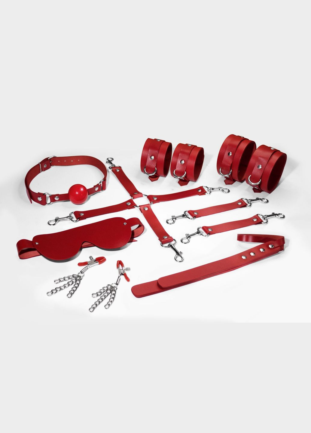 Набор BDSM Kit 7 Red, наручники, поножи, коннектор, маска, падл, кляп, зажимы Feral Feelings (291441695)