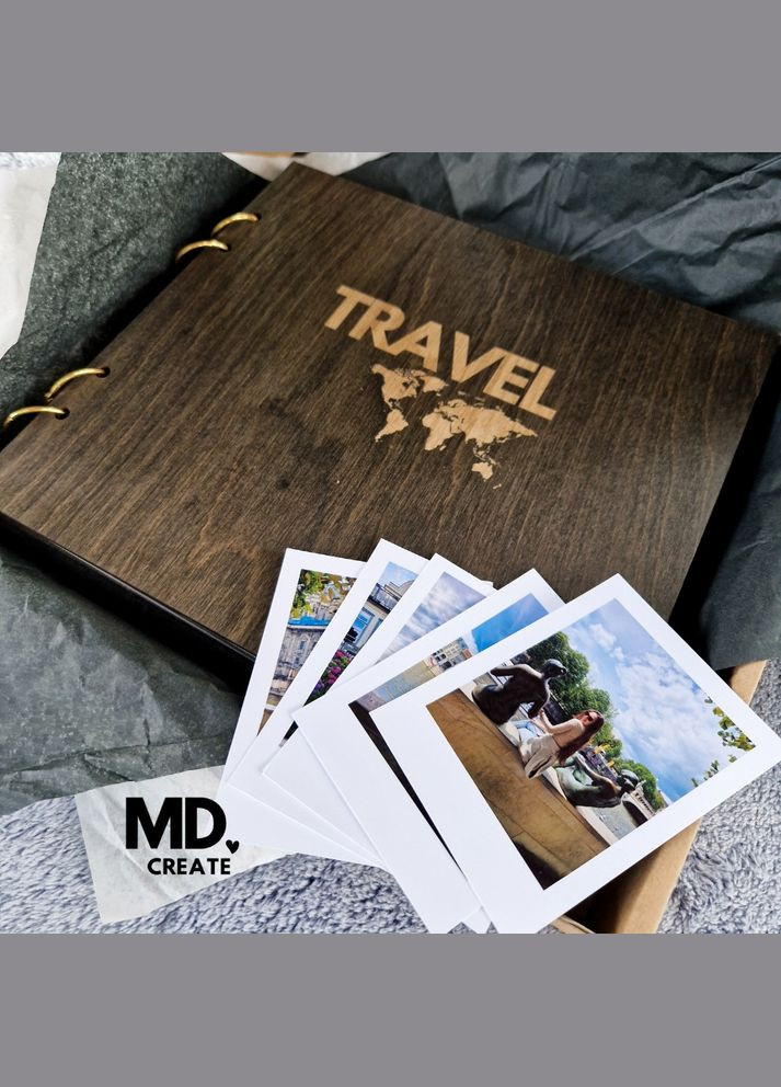 Фотоальбом Travel с деревянной обложкой на кольцах с кремовыми листами | Деревянный альбом для фото WOW DIY (304997301)