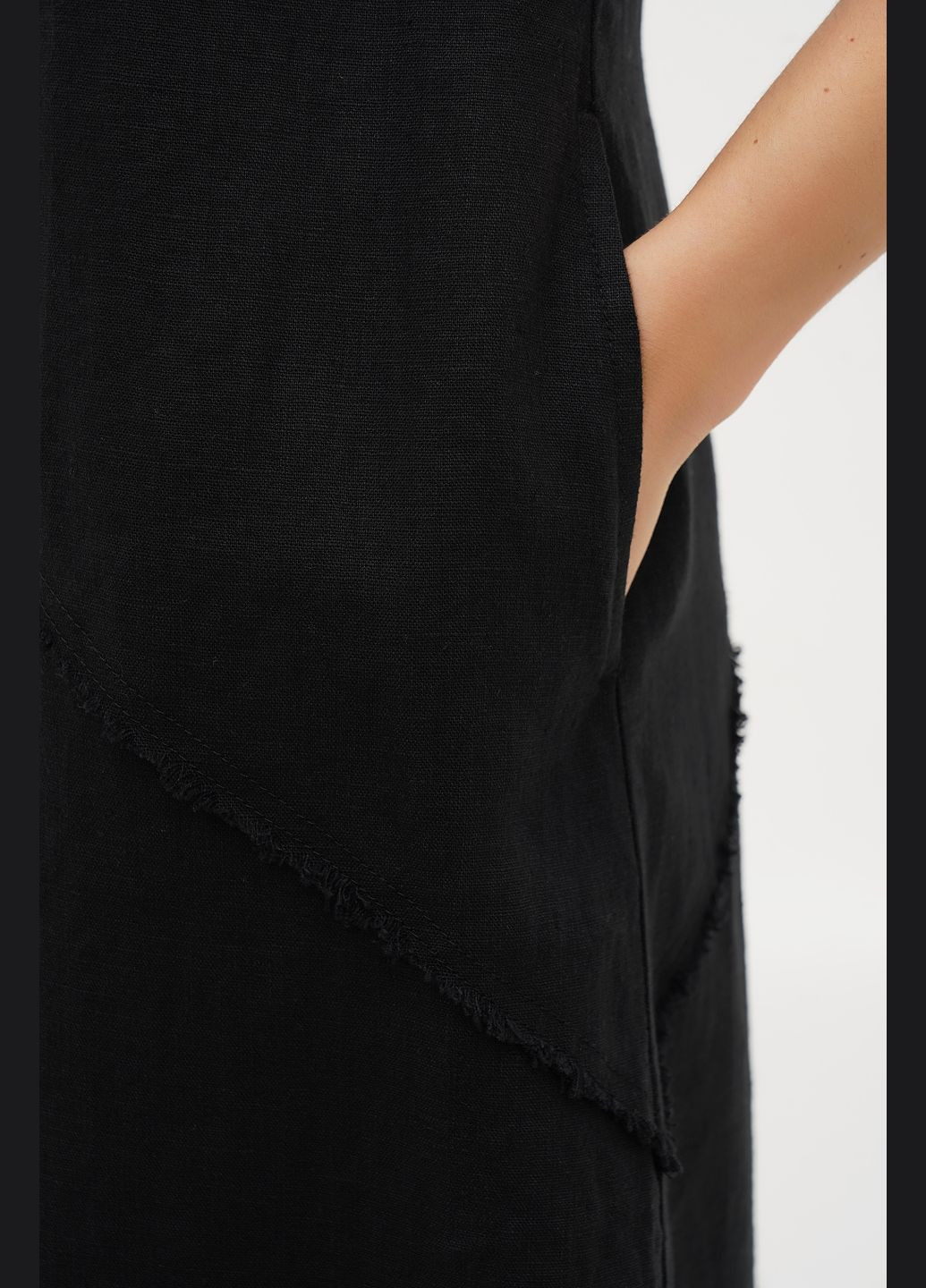 Черное длинное льняное платье без рукавов с карманами однотонное фем. желтый, р.54, код 0443/54/163 ГАЛЕРЕЯ ЛЬОНУ