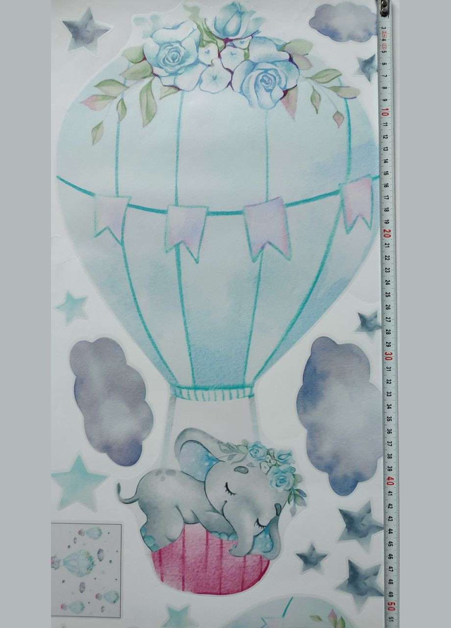 Наклейки для дитячого садка на стіни Слоники сплять на блакитних повітряних кулях (лист 30 х 90 см) Б156-19 No Brand (302242957)