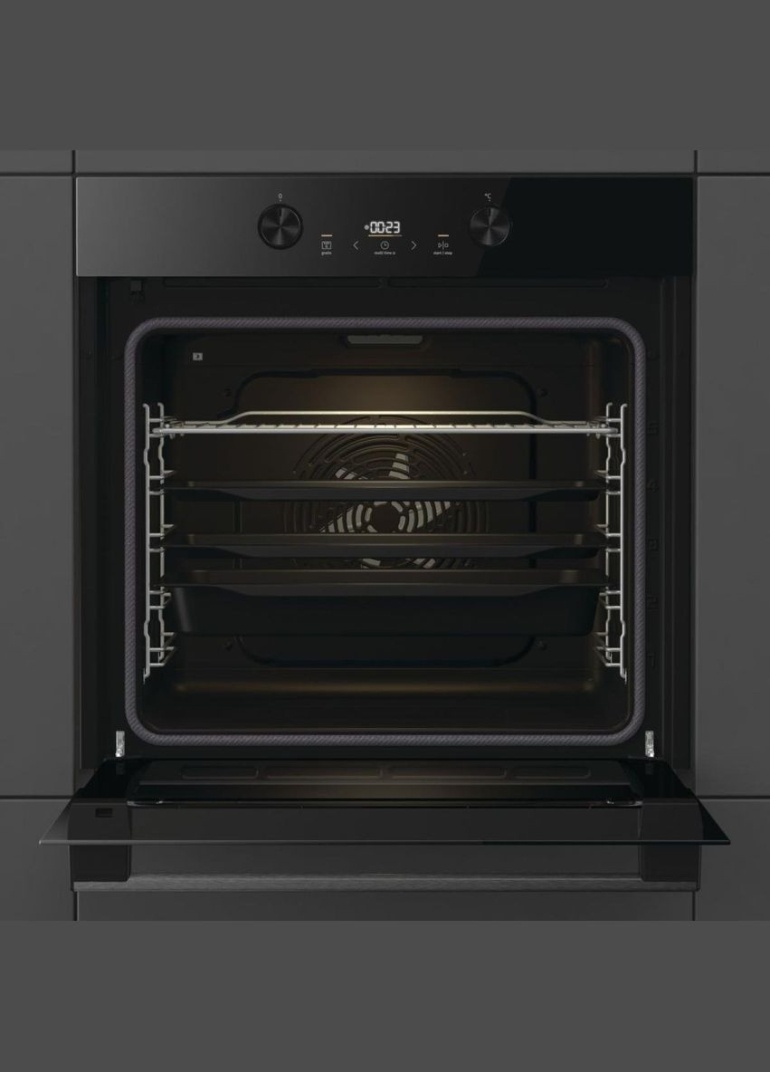 Духовой шкаф электрический, 77л, A+, пар, дисплей, пиролиз, черный Gorenje (314980333)
