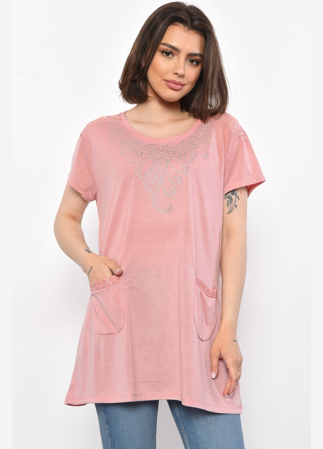 Рожева літня футболка жіноча батальна рожевого кольору Let's Shop