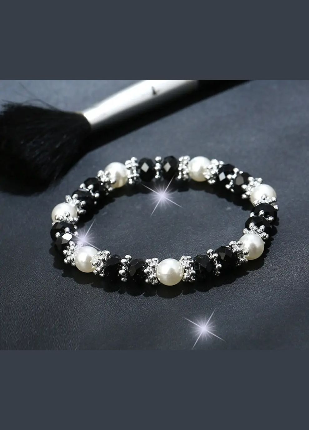 Жіночий браслет із перлами та чорними кристалами стразами регульований No Brand (340463726)