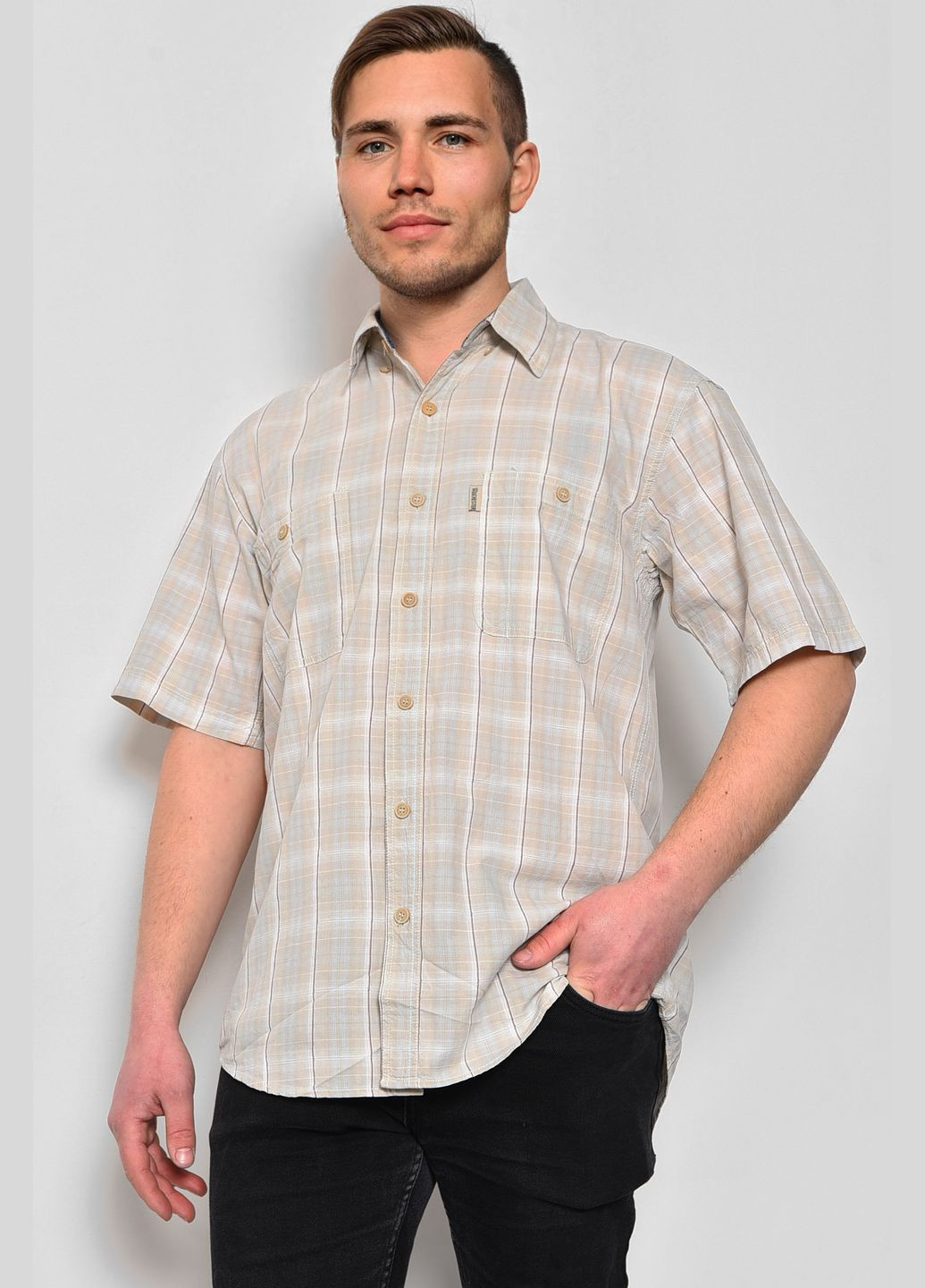 Сорочка чоловіча батальна бежевого кольору в клітинку Let's Shop (281352667)