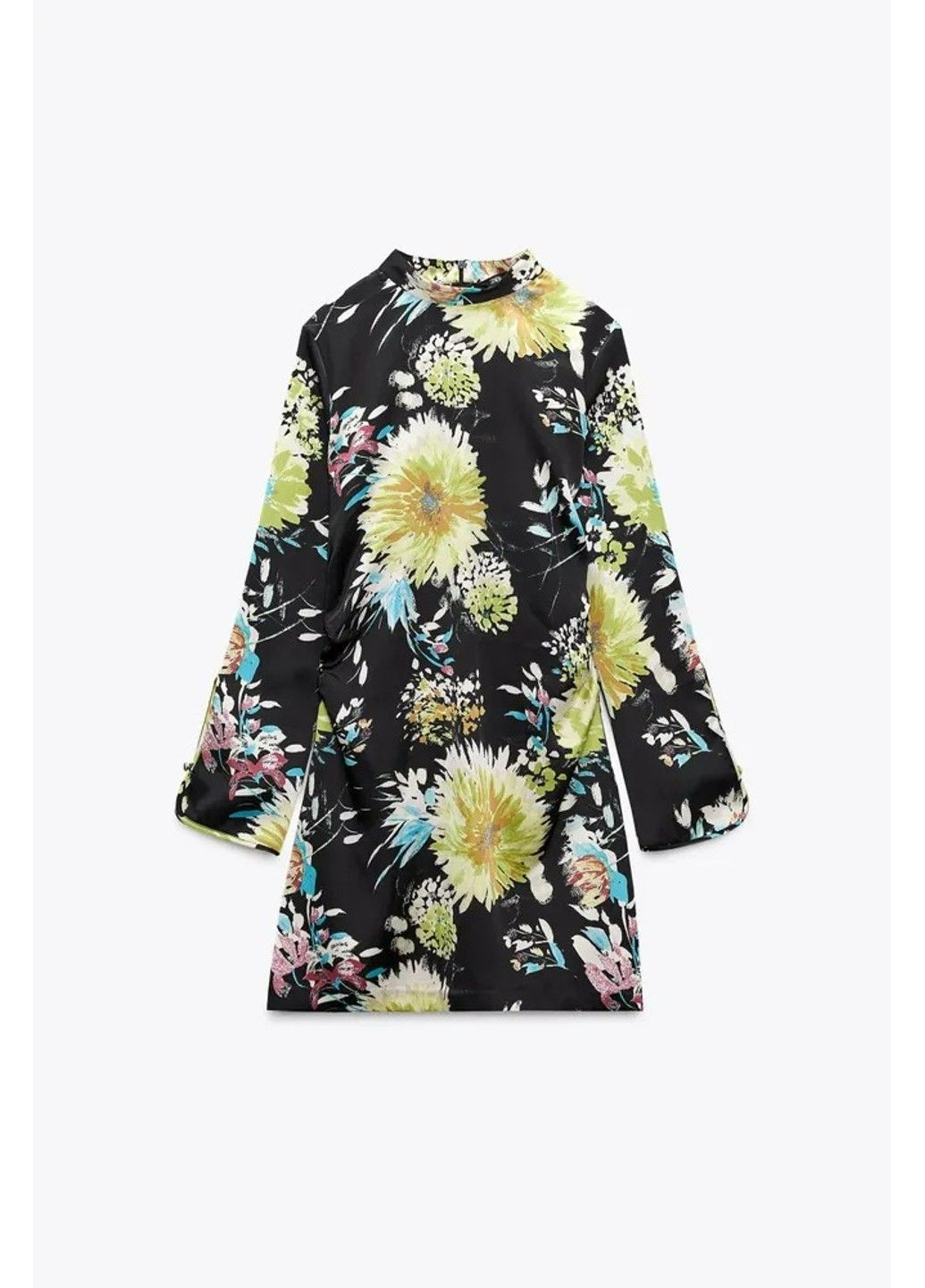 Комбинированное платье женское black floral printed gathered long sleeve mini dress Zara