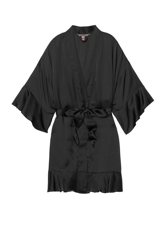 Женский сатиновый халат Satin Flounce Robe M/L черный Victoria's Secret (282964572)