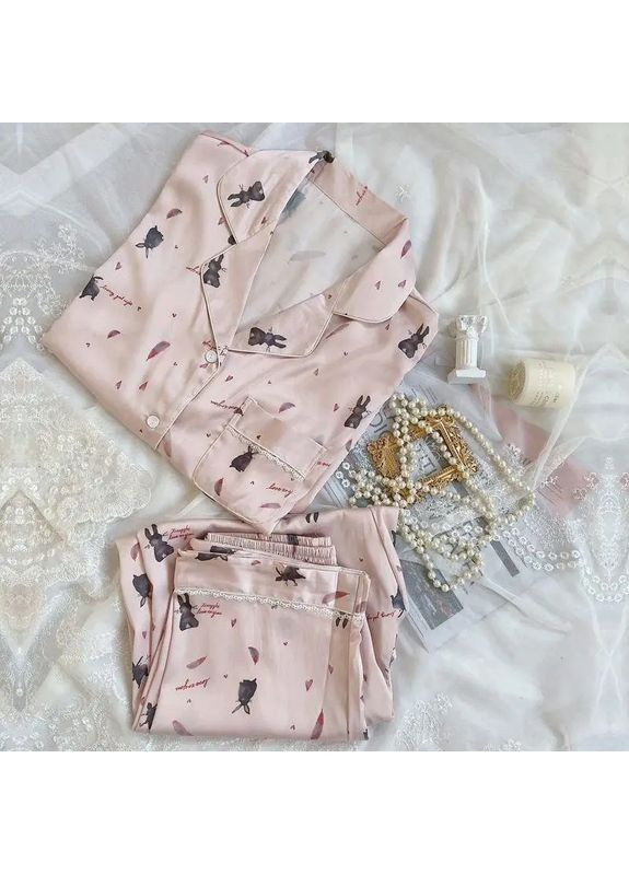 Блідо-рожева всесезон піжама кролик атласна брючна з сорочкою на ґудзиках носиться вільно та брюками-пояс на резинці сорочка + брюки No Brand Піжама Кролик біло-рожевий