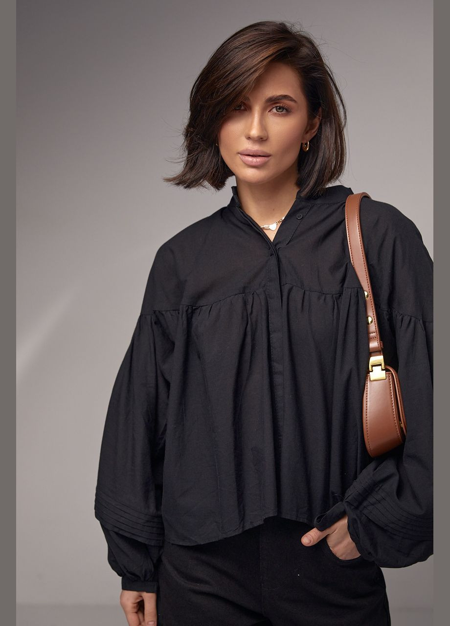 Черная демисезонная блузка хлопковая с широкими рукавами на завязках Lurex