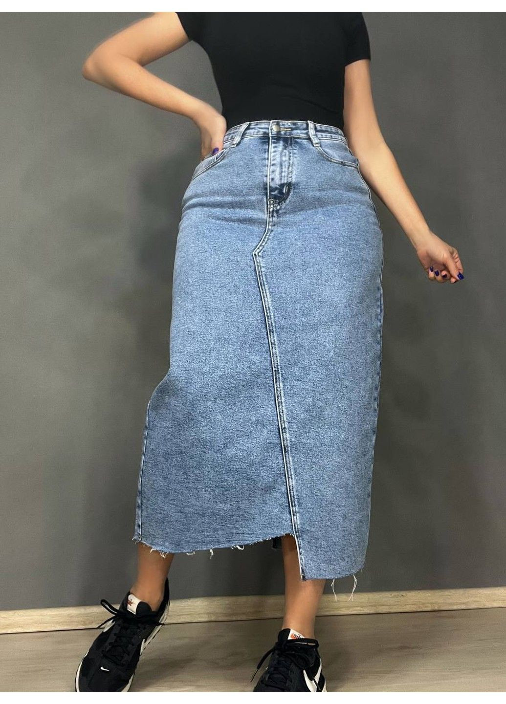 Голубая юбка женская джинсовая 503 длинная ассиметричная с разрезом голубая Moss