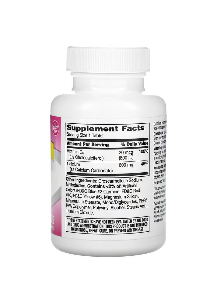 Витамины и минералы Calcium 600 mg + D3 800 IU, 75 каплет 21st Century (322292608)