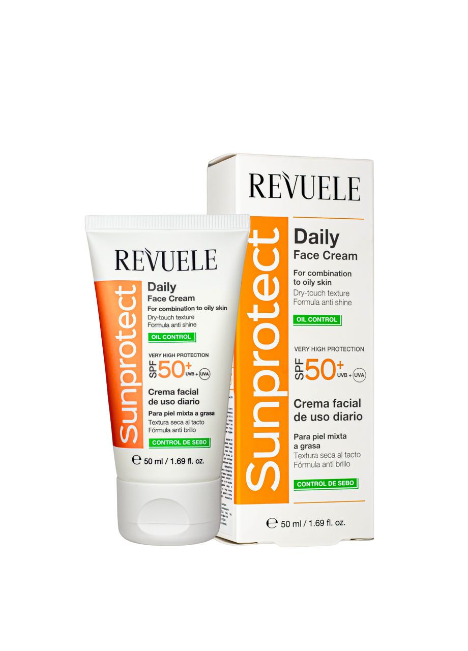 Солнцезащитный крем для лица SPF 50+ для жирной кожи UVA/UVB 50 мл REVUELE (367985052)