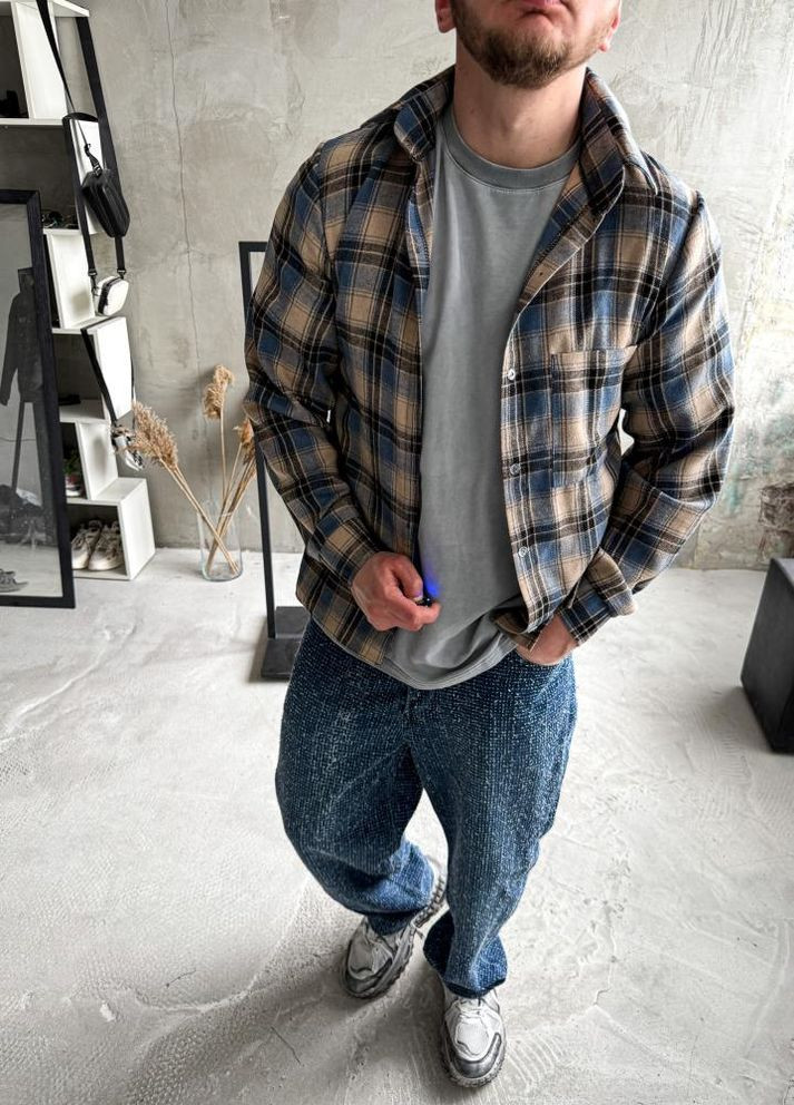 Серо-синяя кэжуал рубашка No Brand