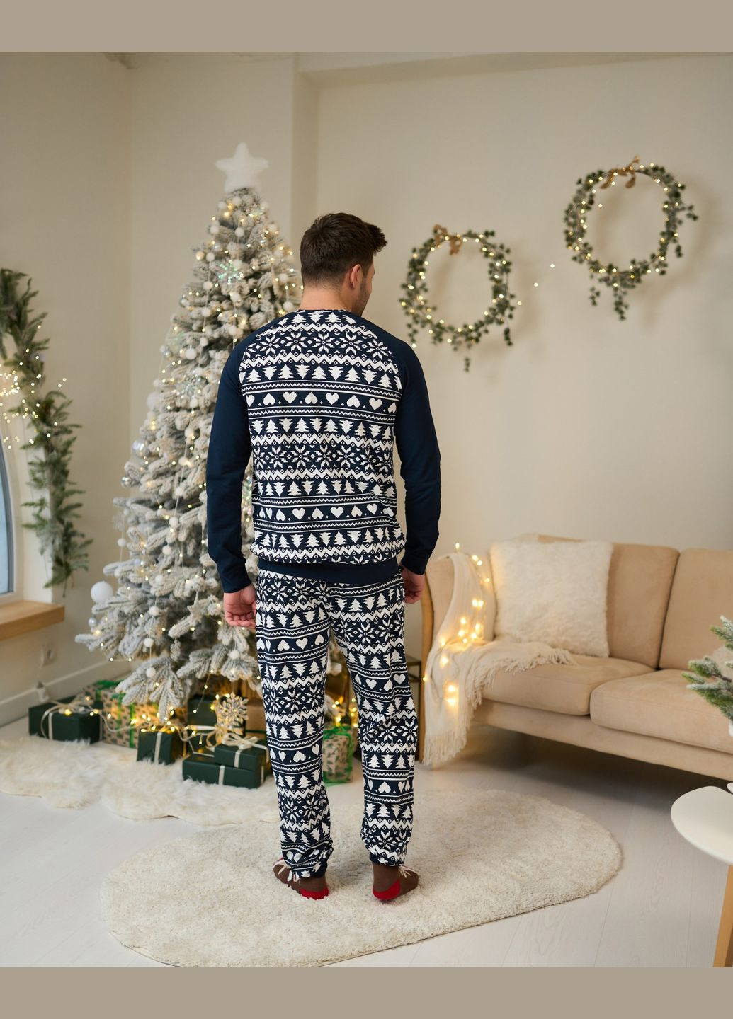 Чоловіча піжама бавовняна Новорічний орнамент Family look для родини комплект зі штанами Tom John (311314096)