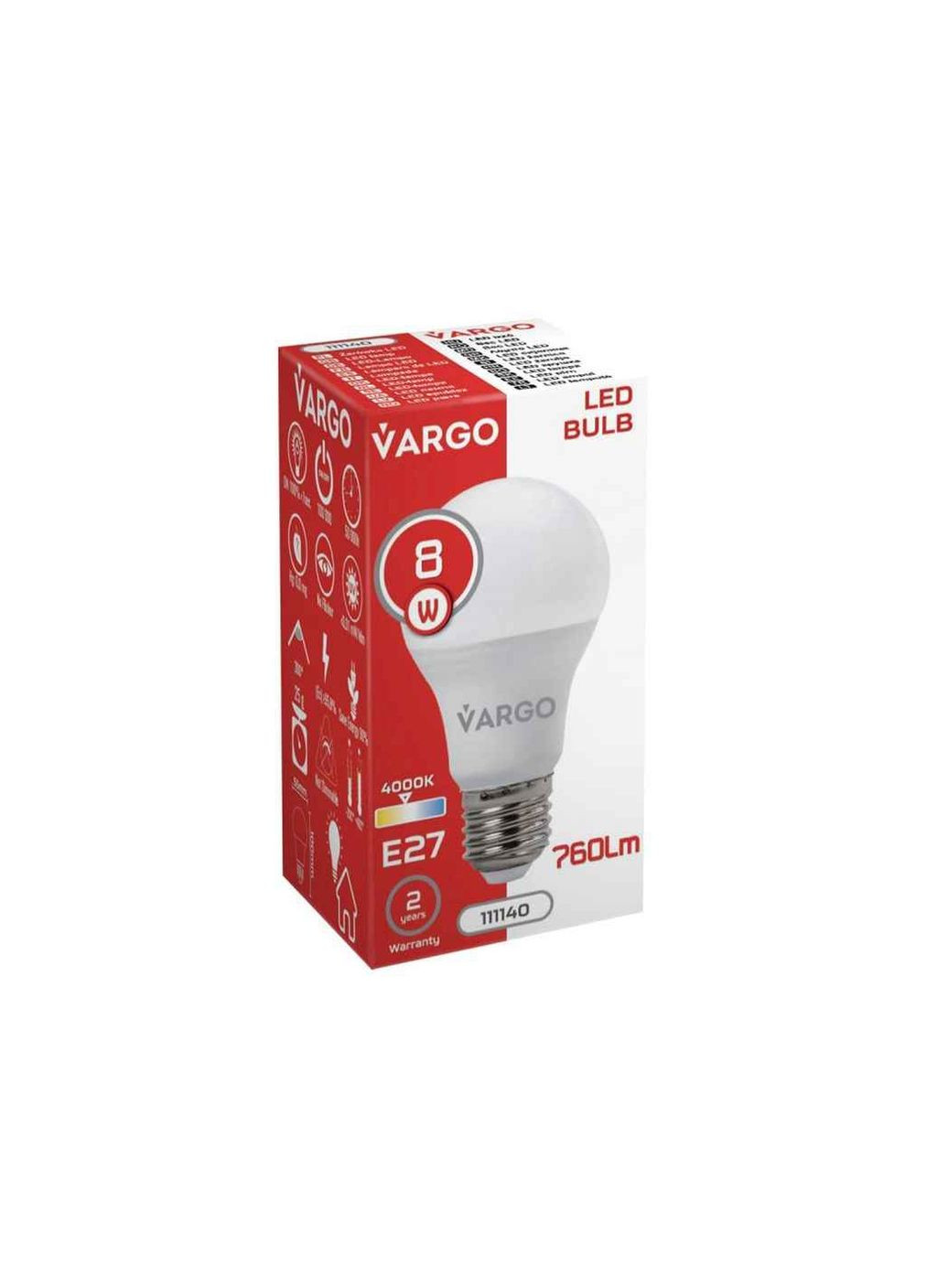 Лампа светодиодная 8W E27 4000K A60 220V (V-111140) VARGO (354341652)