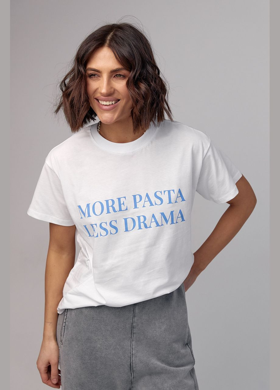 Блакитна літня жіноча футболка з написом more pasta less drama 210116 з коротким рукавом Lurex