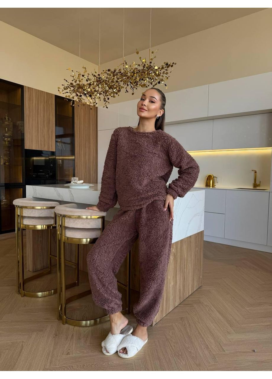 Коричневый демисезонный теплый осенне-зимний махровый костюм тедди 48/50, No Brand