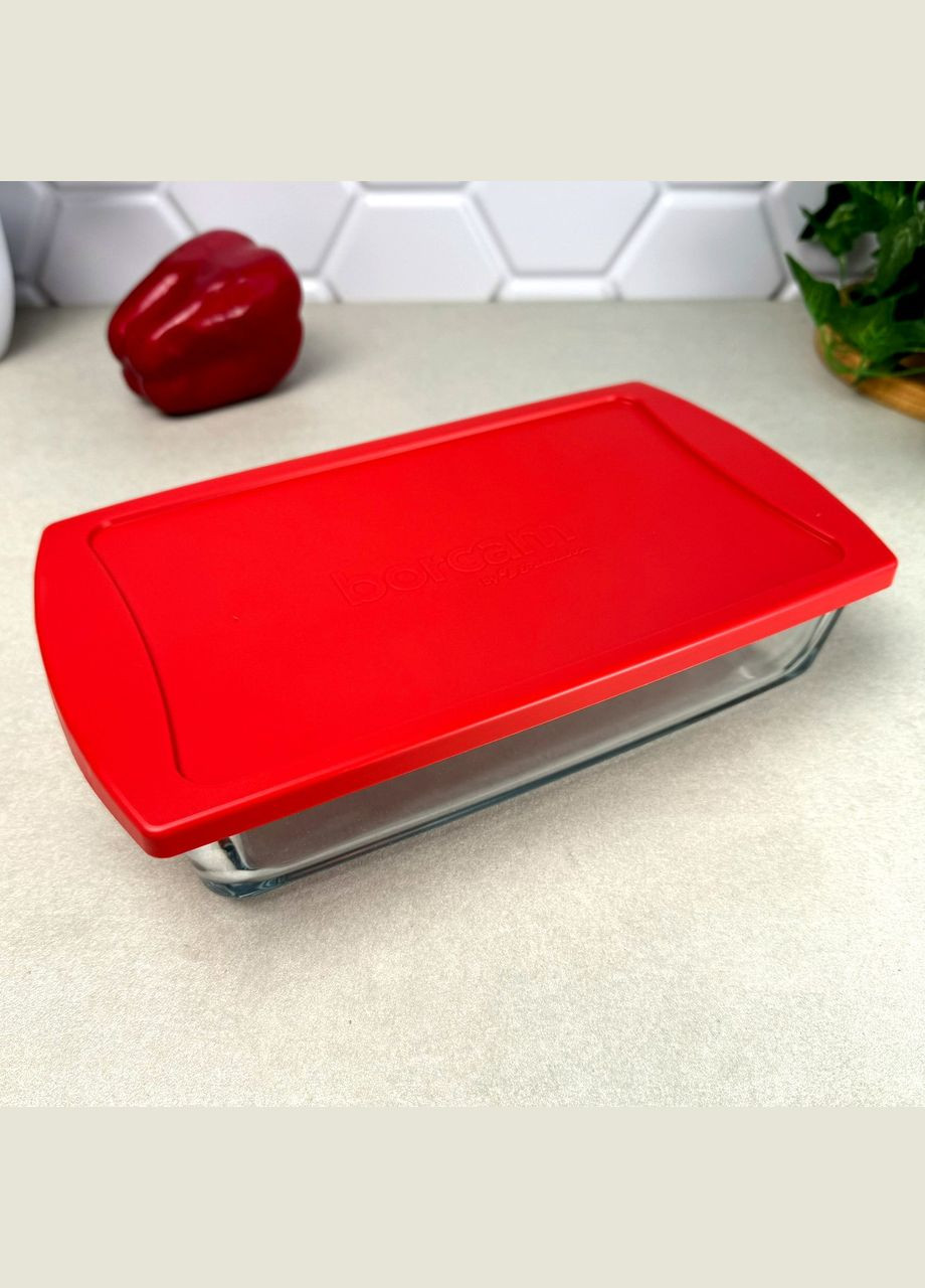 Прямокутна скляна форма з червоною кришкою 1.32 л Borcam (303210786)