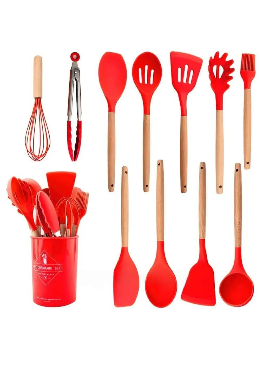Набор комплект кухонных принадлежностей на 12 предметов аксессуаров с подставкой силикон дерево (476491-Prob) Красный Unbranded (282969854)