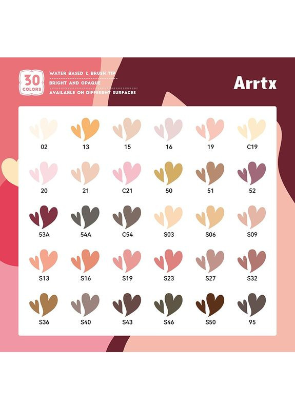Акриловые маркеры 30c Brush Tip Оттенки кожи 30 цветов (LC304318) Arrtx (370849064)