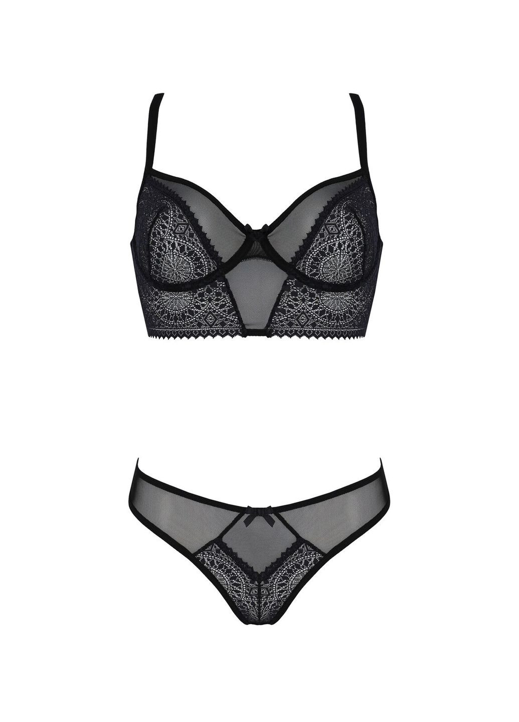 Комбинированный демисезонный комплект drosera set black, l/xl, сетка+кружево, бюстье и трусики танга Passion