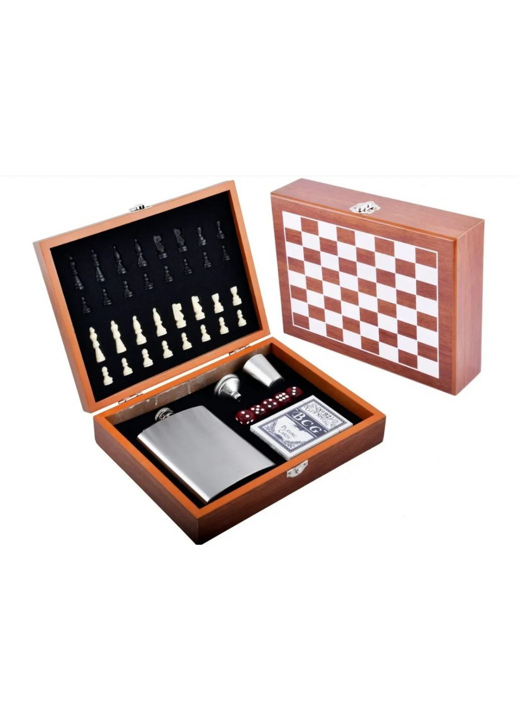 Набор дорожный с флягой и шахматами деревянный подарок для мужчин карты шахматы ProDobro (365440594)