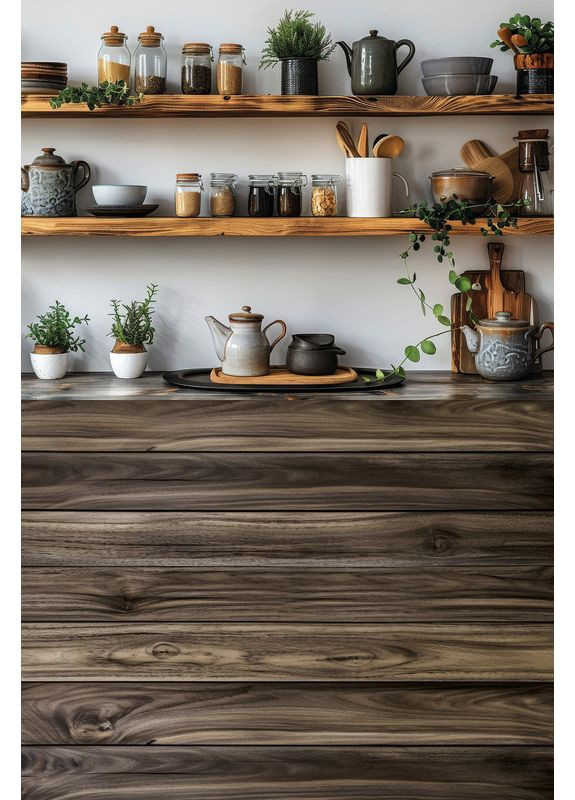 Вініловий фотофон кухонний, стіна з дерев’яними полицями і темна дерев’яна підлога, фон 140×210 см, №57286 PhotoVinyl (354715266)