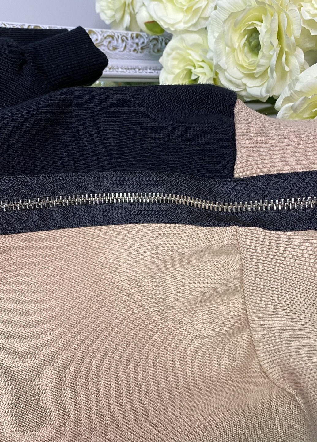 Туника с капюшоном бежево-черного цвета. LSK Оверсайз (362695308)