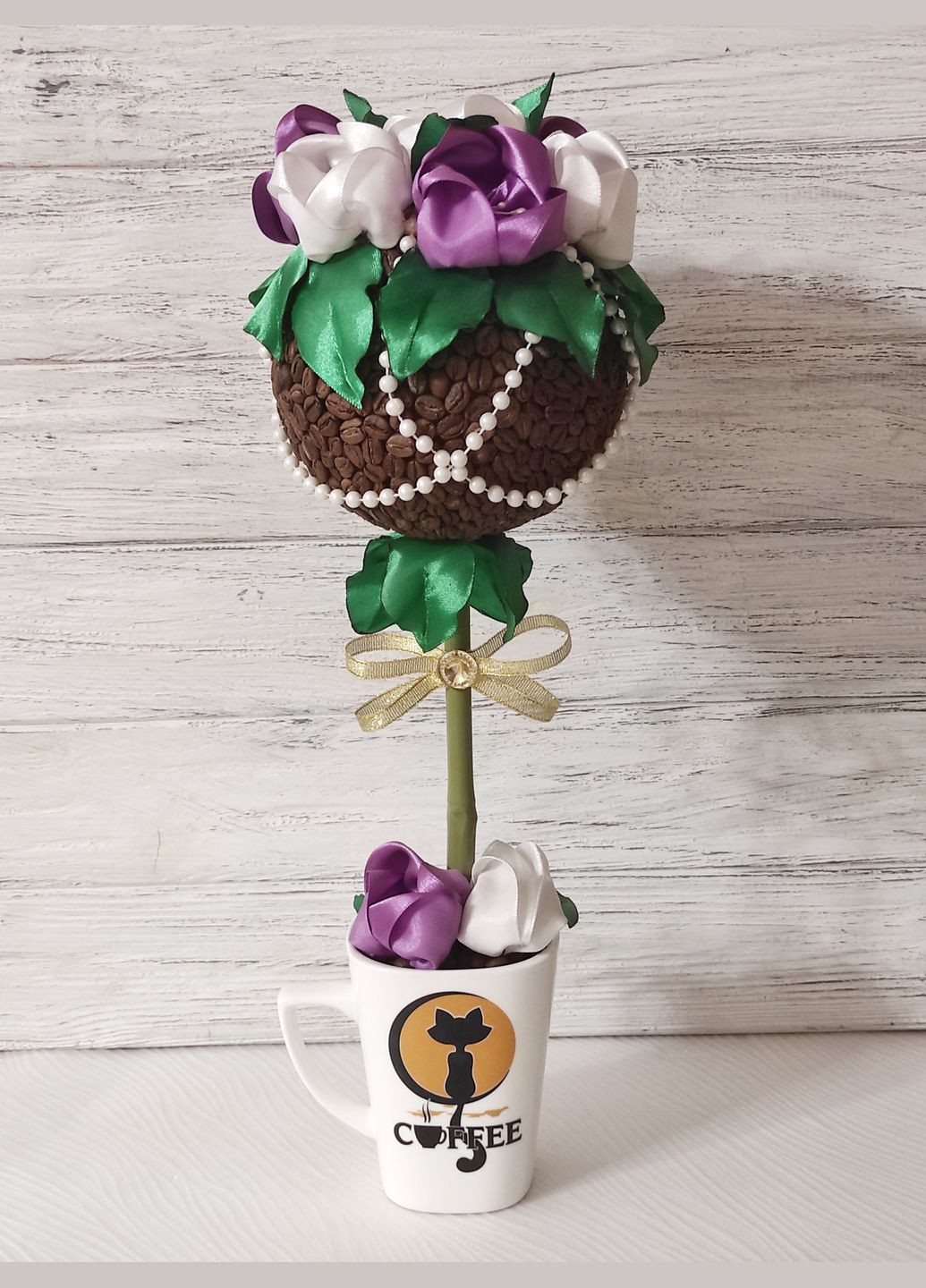 Сувенір статуетка Топіарій (дерево щастя) з кави і атласними стрічками ручна робота хенд мейд подарунок SuvenirPodarokZP (307167363)