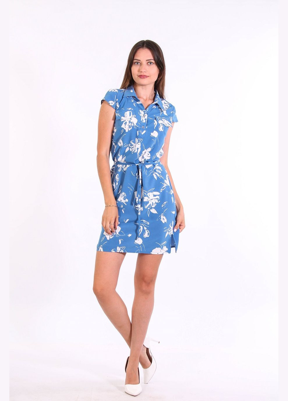 Синя кежуал сукня літня жіноча 0041 мак білий софт джинсова Актуаль з квітковим принтом