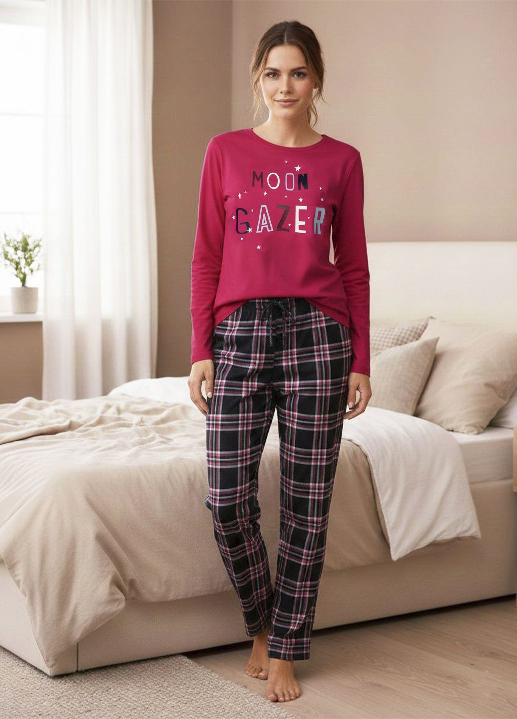 Комбинированная зимняя пижама женская костюм для дома брюки фланель лонгслив + брюки Esmara