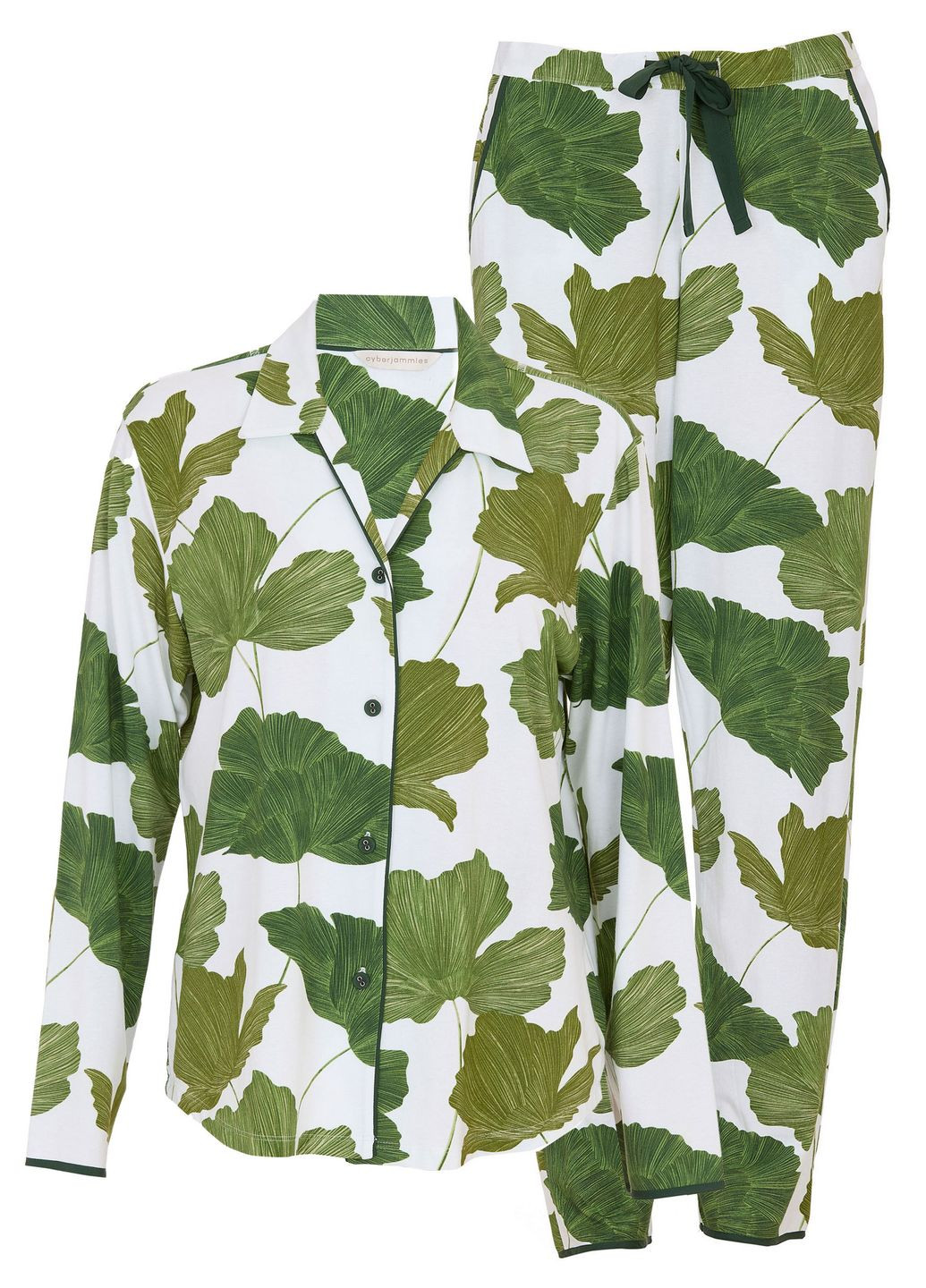 Зелена всесезон піжама жіноча 5005-5006 білий з принтом листя сорочка + брюки Cyberjammies Olive