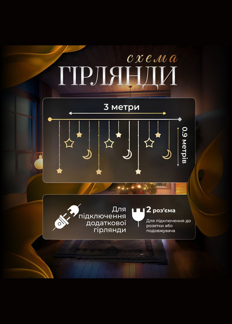 Гирляндаштора Луна и звезды размер 3*0,9 м 12 фигур, мультиколор GarlandoPro (316721909)