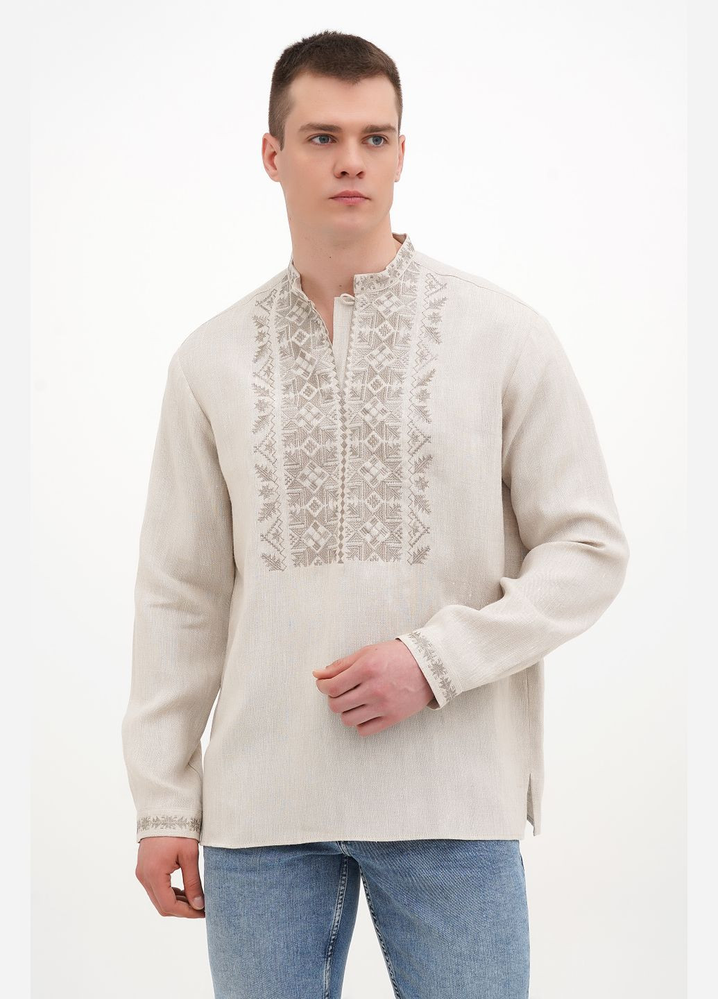 Тёмно-серая мужская вышиванка из льна с геометрическим орнаментом и дубовыми листьями грыць. темно-серый, р.52, код 9332/52/330 ГАЛЕРЕЯ ЛЬОНУ лен (333164513)