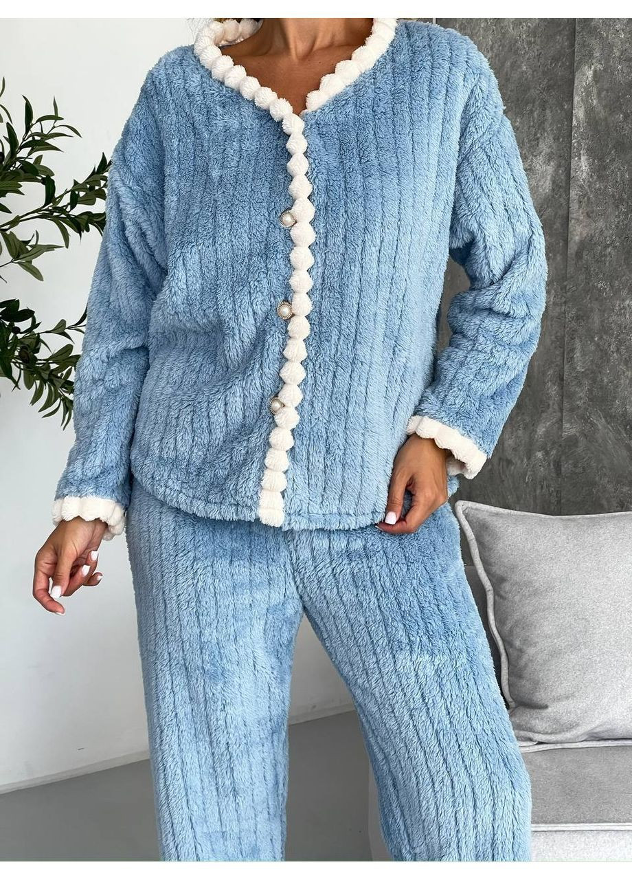 Блакитна всесезон тепла піжама кофта + брюки No Brand