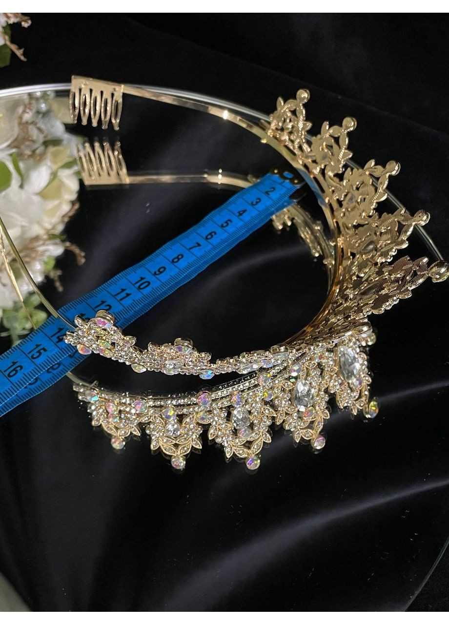 Корона с кристаллами Swarovski Золотистая 14х5.5 см. Диадема с радужным блеском Корона с кристаллами No Brand (369162441)