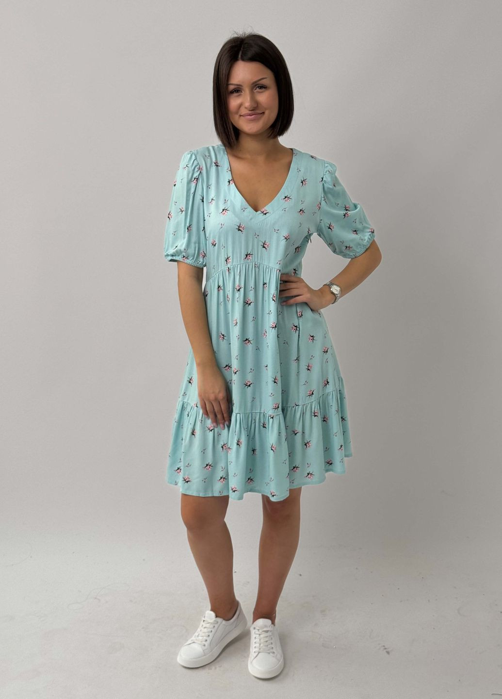 Блакитна повсякденний, кежуал сукня міні дзвін BeART з квітковим принтом