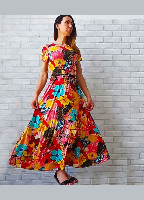 Красивый женский яркое женское платье без пояса миди юбка клеш отрезное по талии принт крупные цветы, стрейч кулир No Brand