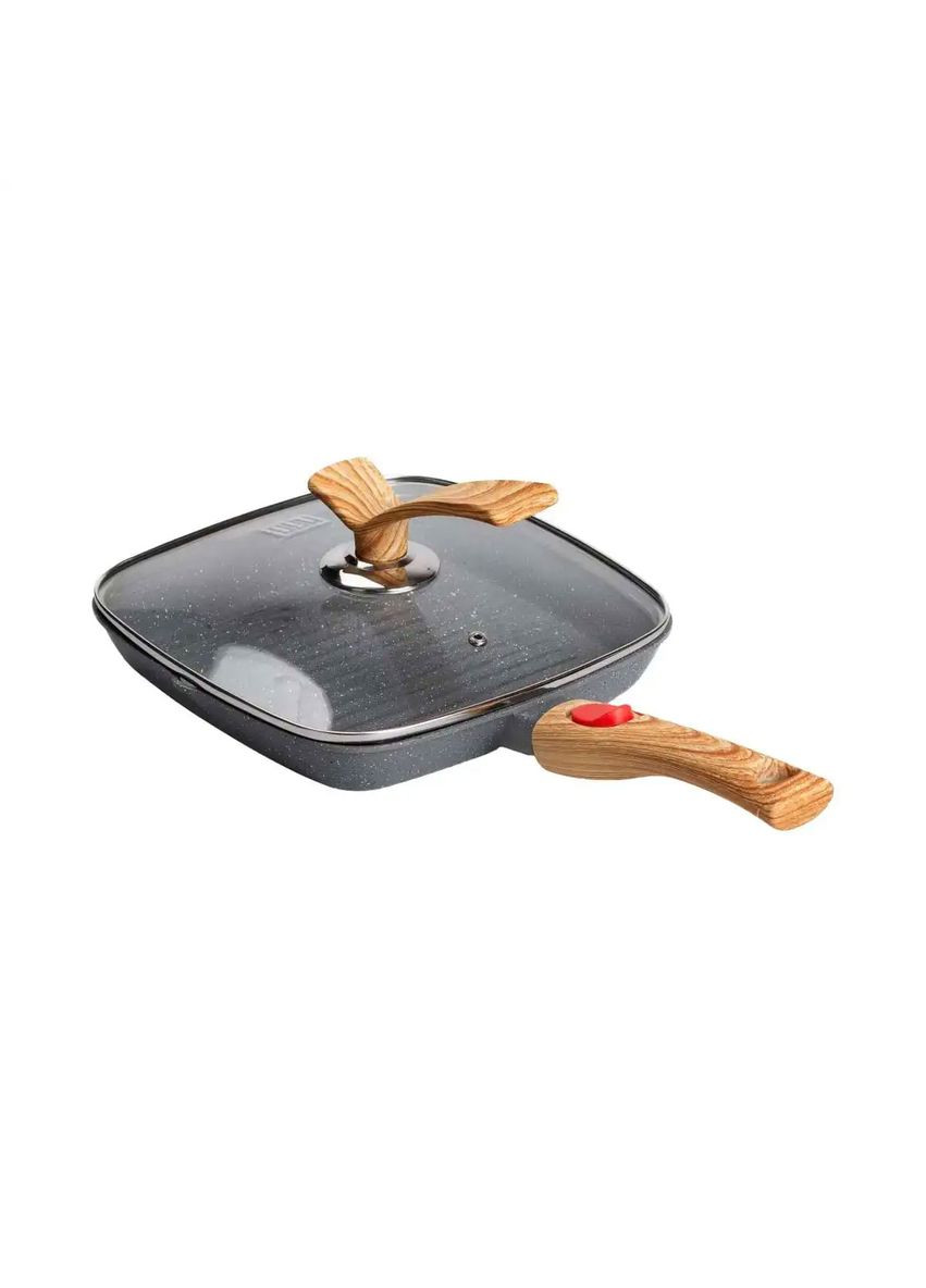 Алюминиевая сковорода-гриль 24 см со стеклянной крышкой Квадрат серый MGC Jooki (358705633)