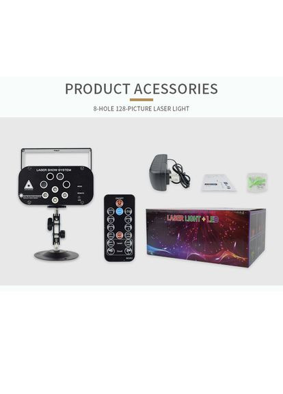 QR-409 LED 8 об’єктивів,128 візерунків, ефект спалаху, cвітломузика з пультом, лазерний диско проектор 360° Energolux (315922330)