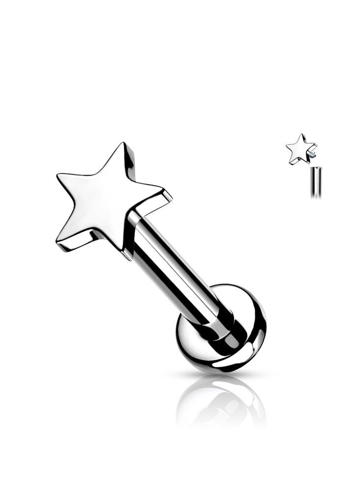 Сережка лабрет з титану із зірочкою TIL14-1608-ST для пірсингу хряща вуха, губ (Довжина: 8мм) Spikes (333698217)