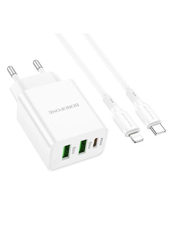 Мережевий зарядний пристрій з кабелем Quick three-port PD20W(1C2A) charger set(C to iP) (6941991101410) Borofone BA70A (358930690)