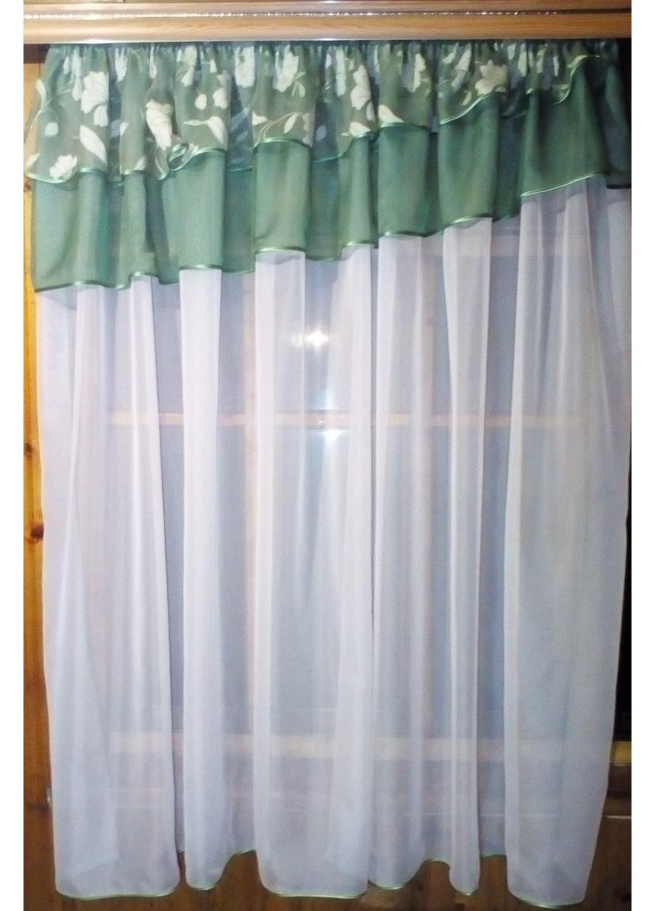 Фіранка кухонна коротка готова Алія біла лілія зелена No Brand (372133823)