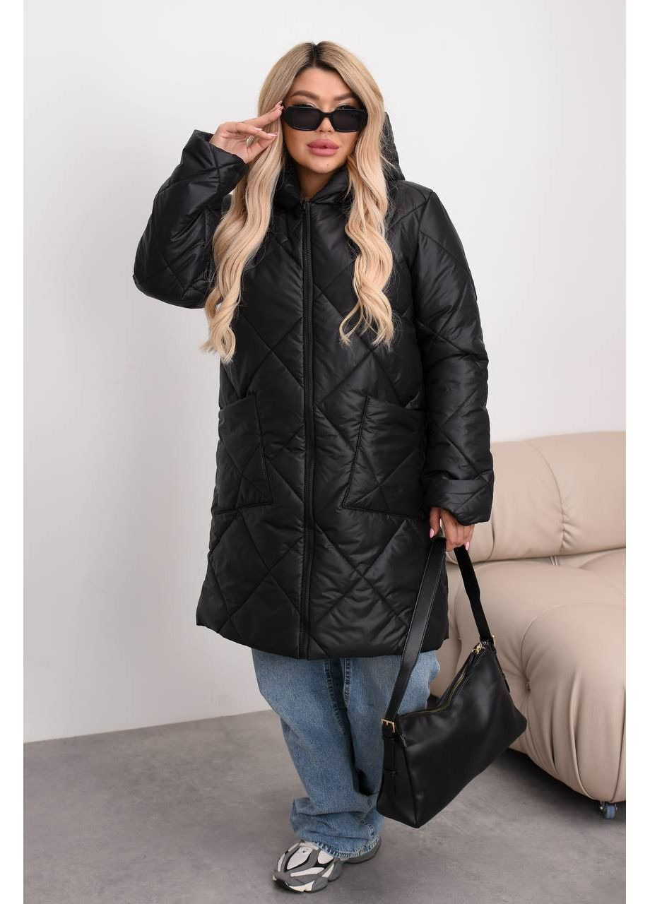 Черная зимняя куртка 1012 удлиненная,стеганная плащевка лаке,синтепон 200 на подкладке Україна