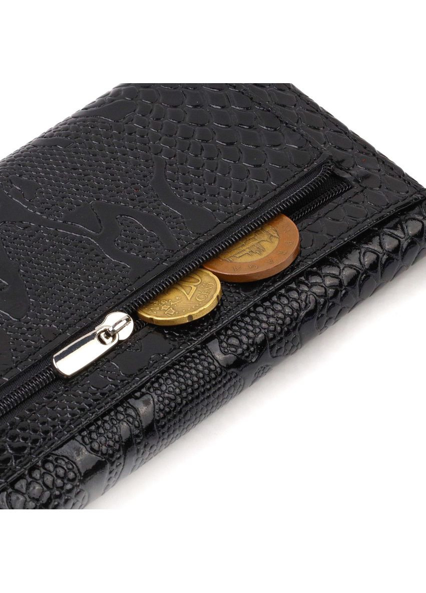 Фактурное женское лакированное портмоне из натуральной кожи с тиснением под змею 21700 Черное Canpellini (298569641)